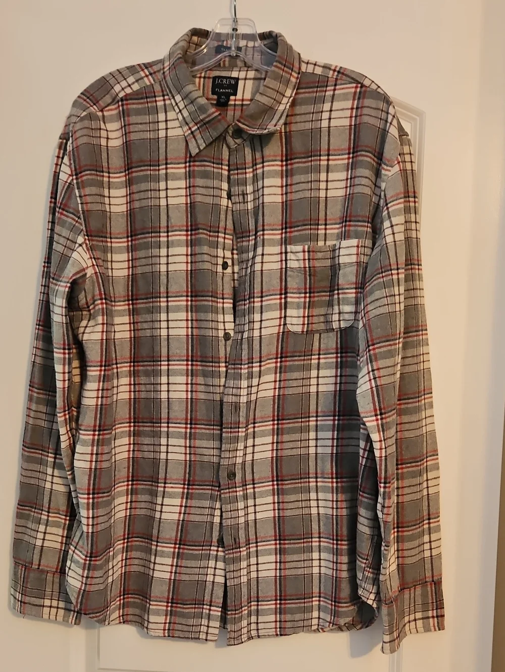 J. Crew Gray and Cream Plaid Button-Down Shirt with Red Trim